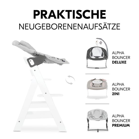 Hauck Seggiolone Alpha Plus White - in un set di risparmio con tavoletta da pranzo Click Tray + cuscino di seduta Nordic Grey