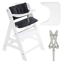 Set risparmio Alpha Plus 2 pz. - Seggiolone + Vassoio in Legno Wooden Tray + Cuscino Deluxe in Melange Charcoal - Bianco