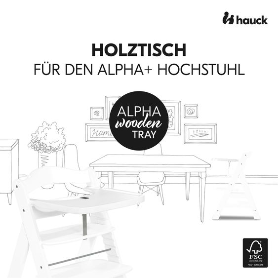 Hauck 2-pc. Alpha Plus Saver Set - High Chair + Wooden Tray + Deluxe Seat Cushion in Melange Charcoal - White