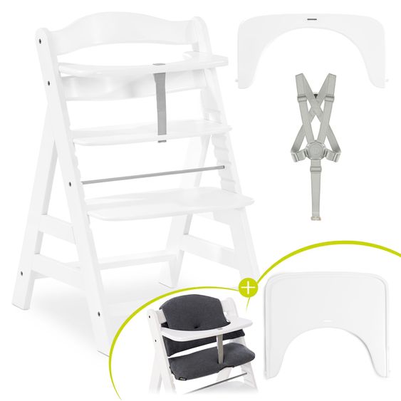 Hauck Hochstuhl Alpha Plus White - im Sparset inkl. Essbrett Wooden Tray + Sitzkissen Jersey Charcoal