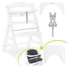 Hochstuhl Alpha Plus White - im Sparset inkl. Essbrett Wooden Tray + Sitzkissen Jersey Charcoal