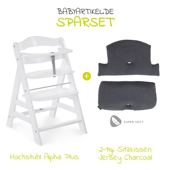 Hauck High chair Alpha Plus White - in economy set incl. seat cushion Jersey Charcoal - White