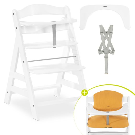 Hauck Hochstuhl Alpha Plus White - im Sparset inkl. Sitzkissen Muslin Honey