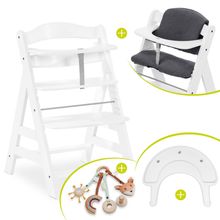 Hochstuhl Alpha Plus White im Sparset - inkl. Sitzkissen + Play Tray Basis + Spielring Play Catching mit 3 Stoff-Figuren