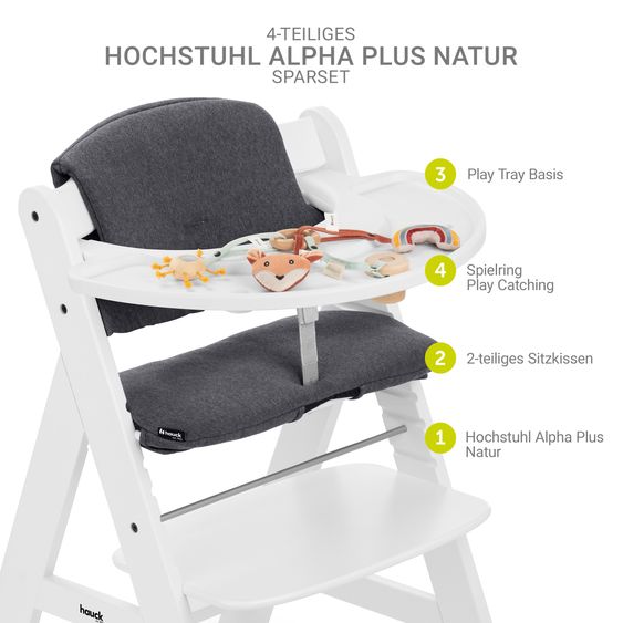 Hauck Hochstuhl Alpha Plus White im Sparset - inkl. Sitzkissen + Play Tray Basis + Spielring Play Catching mit 3 Stoff-Figuren