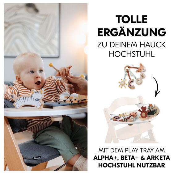 Hauck Hochstuhl Alpha Plus White im Sparset - inkl. Sitzkissen + Play Tray Basis + Spielring Play Catching mit 3 Stoff-Figuren