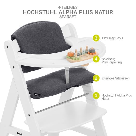 Hauck Hochstuhl Alpha Plus White im Sparset - inkl. Sitzkissen + Play Tray Basis + Spielzeug Play Repairing mit Zahnrädern & Muttern