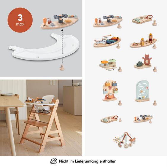 Hauck Hochstuhl Alpha Plus White im Sparset - inkl. Sitzkissen + Play Tray Basis + Spielzeug Play Repairing mit Zahnrädern & Muttern