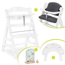 Hochstuhl Alpha Plus White im Sparset - inkl. Sitzkissen + Play Tray Basis + Spielzeug Play Planting mit Motorikbrett Flowers