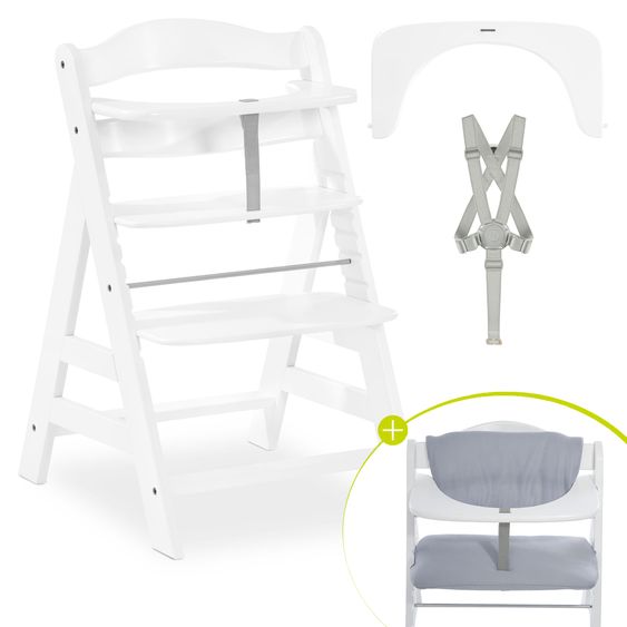 Hauck Hochstuhl Alpha Plus White - im Sparset inkl. Sitzkissen Stretch Grey