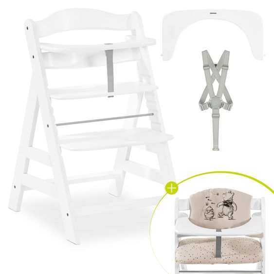 Hauck Highchair Alpha Plus White - in the bundle incl. seat cushion Winnie the Pooh Beige - Disney