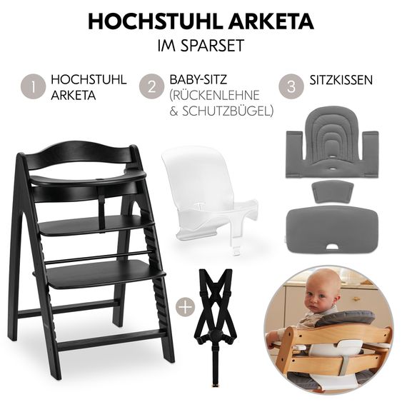 Hauck Hochstuhl Arketa Beech Blackwashed - im Sparset inkl. Baby Seat und Sitzpolster - Dark Grey