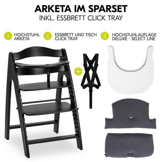 Hauck Hochstuhl Arketa Beech Blackwashed - im Sparset inkl. Click Tray und Sitzkissen - Charcoal