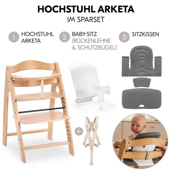 Hauck Hochstuhl Arketa Beech - im Sparset inkl. Baby Seat und Sitzpolster - Dark Grey