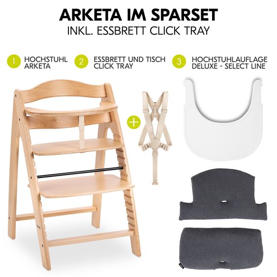 Hauck Hochstuhl Arketa Beech - im Sparset inkl. Click Tray und Sitzkissen - Charcoal