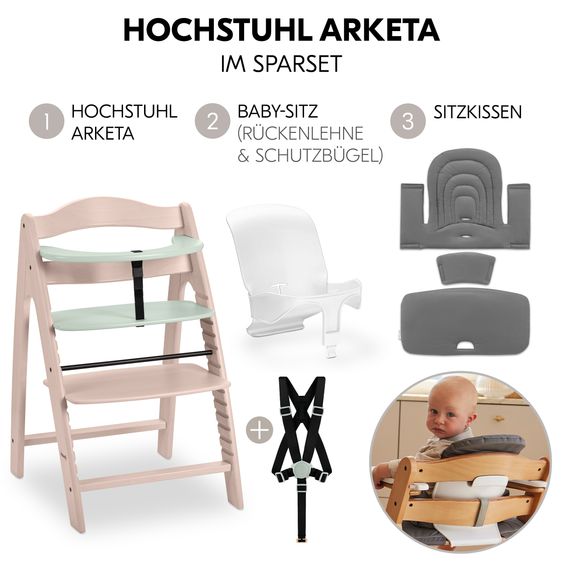 Hauck Hochstuhl Arketa Beech Whitewashed Mint - im Sparset inkl. Baby Seat und Sitzpolster - Dark Grey