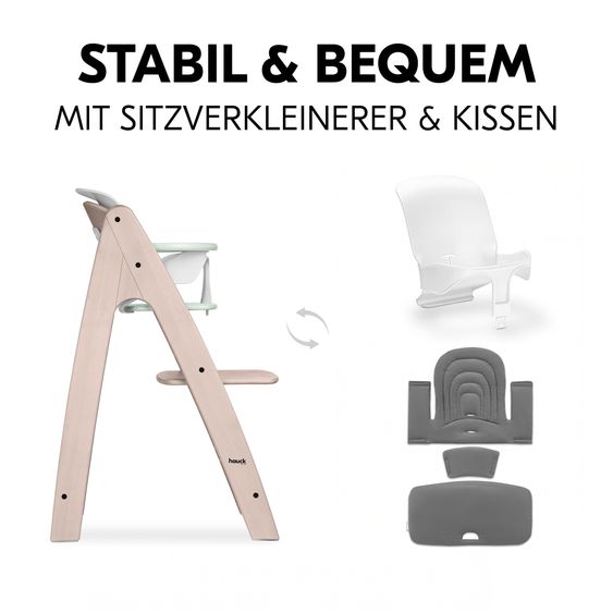 Hauck Hochstuhl Arketa Beech Whitewashed Mint - im Sparset inkl. Baby Seat und Sitzpolster - Dark Grey