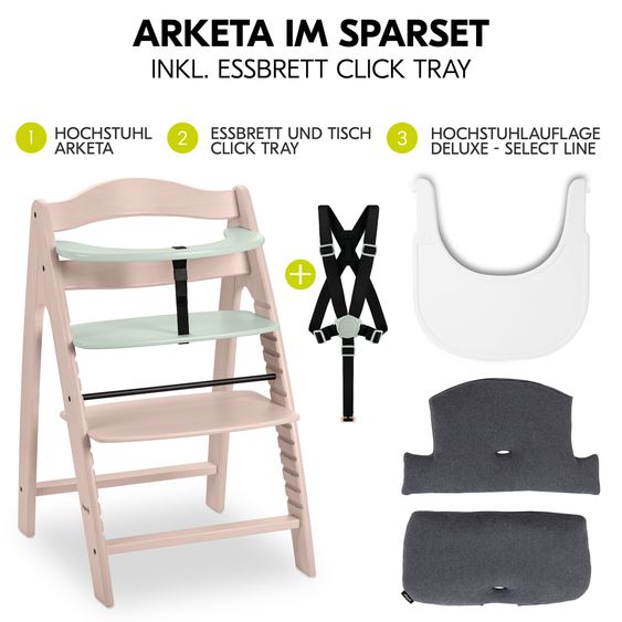 Hauck Highchair Arketa Beech Whitewashed Mint - in economy set incl. Click Tray and seat cushion - Charcoal