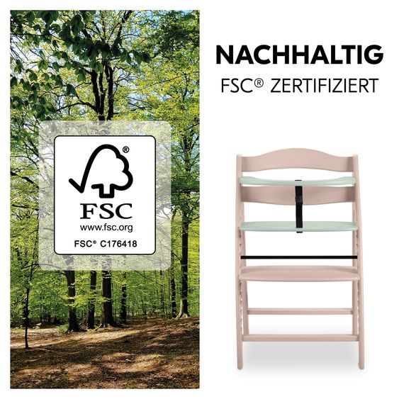 Hauck Hochstuhl Arketa (mitwachsend, inkl. Gurtsystem, Massivholz FSC zertifiziert) - Beech Whitewashed Mint