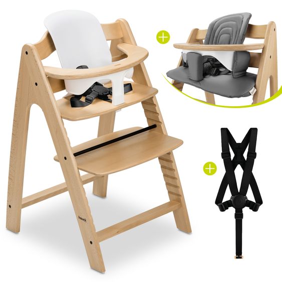 Hauck Highchair Arketa Oak - in economy set incl. baby seat and seat cushion - Dark Grey