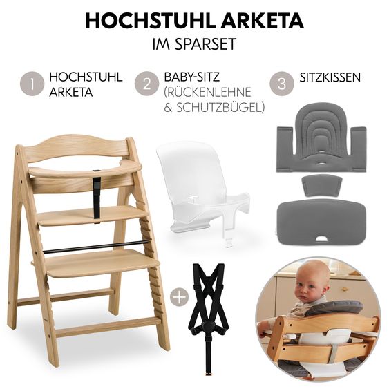 Hauck Highchair Arketa Oak - in economy set incl. baby seat and seat cushion - Dark Grey