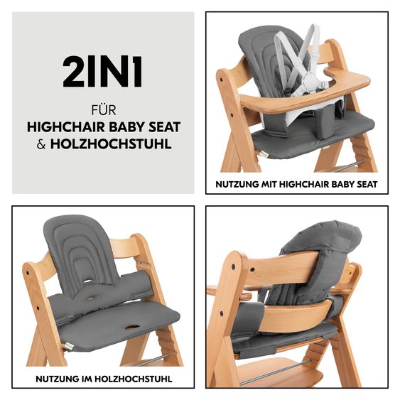 Hauck Highchair Arketa Oak - in economy set incl. baby seat and seat cushion - Dark Grey