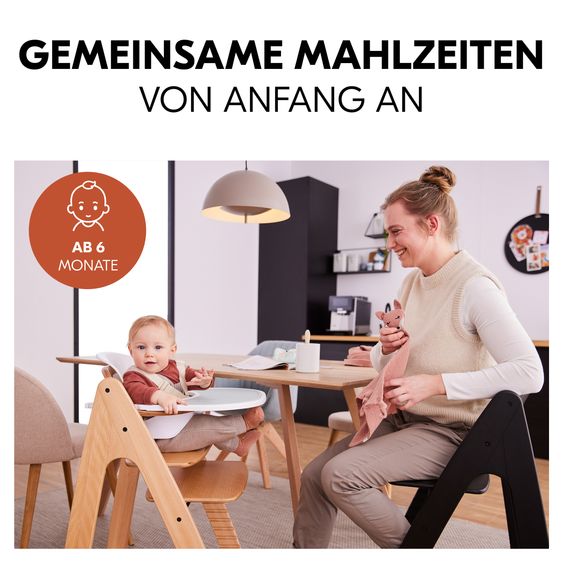 Hauck Highchair Arketa Oak - in economy set incl. baby seat and seat cushion - Dark Grey