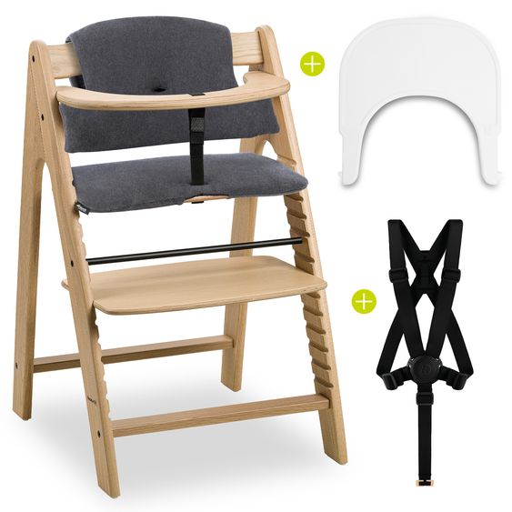 Hauck Arketa Oak high chair - in economy set incl. click tray and seat cushion - Charcoal