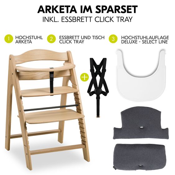 Hauck Arketa Oak high chair - in economy set incl. click tray and seat cushion - Charcoal