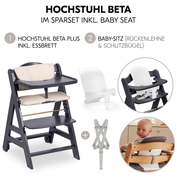 Hauck Hochstuhl Beta Plus - im Sparset inkl. Baby Seat - Dark Grey