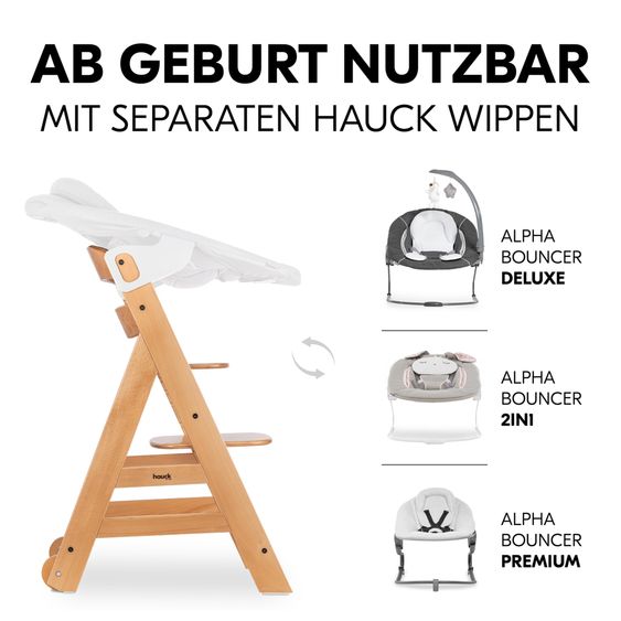 Hauck Hochstuhl Beta Plus inkl. Essbrett, Sitzkissen und Rollen - Natural