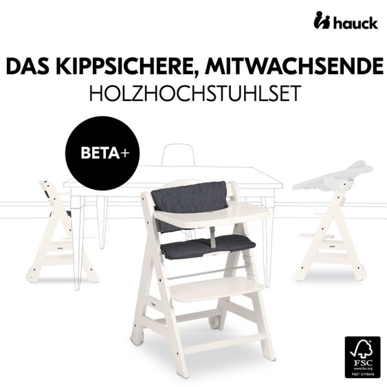 Hauck Chaise Haute Beta Plus White Incl. Planche À Manger, Coussin De Siège & Roues - Blanc