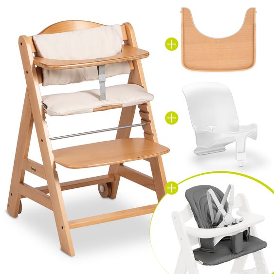 Hauck Hochstuhl Beta Plus Natural - im Sparset inkl. Baby Seat und Sitzpolster - Dark Grey