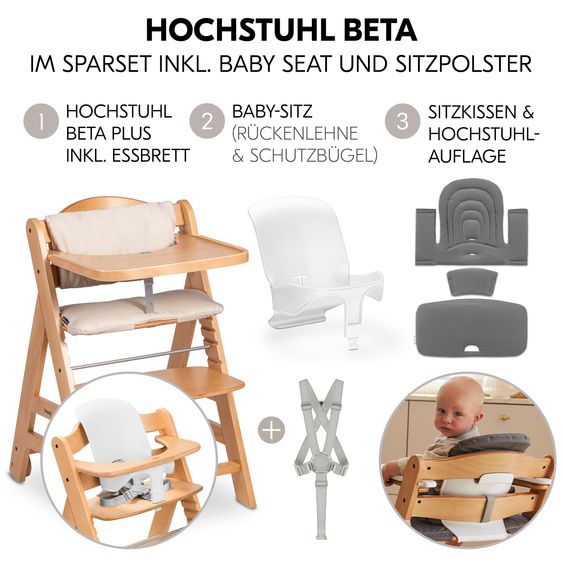 Hauck Hochstuhl Beta Plus Natural - im Sparset inkl. Baby Seat und Sitzpolster - Dark Grey