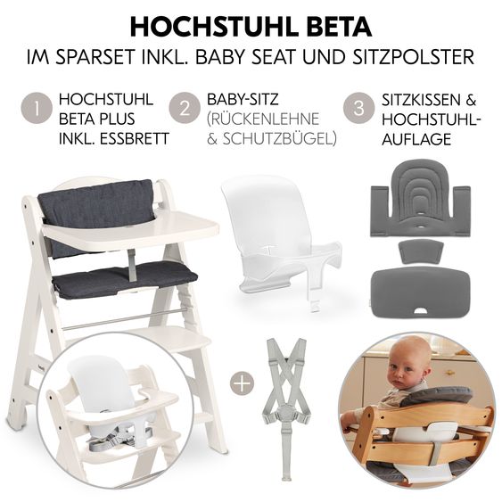 Hauck Beta Plus White high chair - in economy set incl. baby seat and seat cushion - Dark Grey
