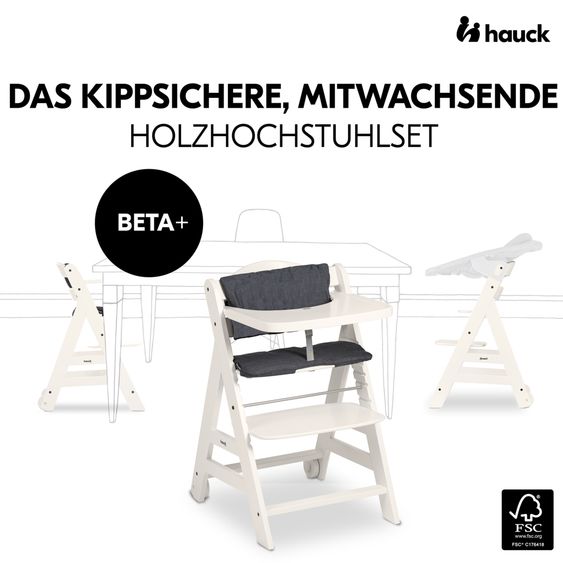 Hauck Beta Plus White high chair incl. dining board, seat cushion and castors - White