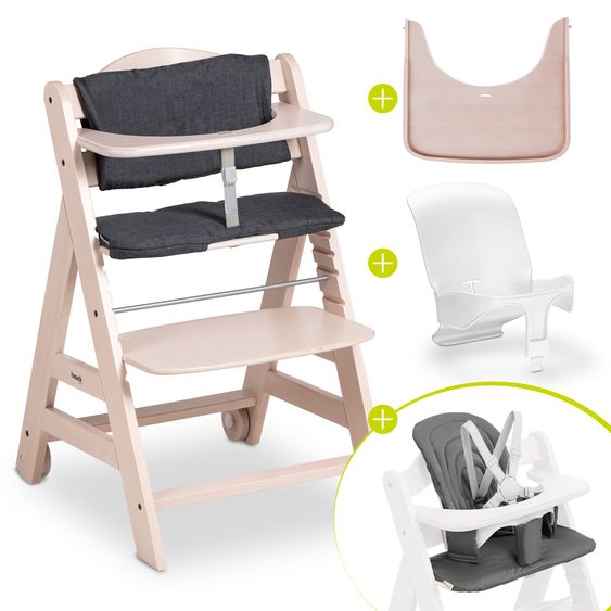 Hauck Beta Plus Whitewashed high chair - economy set incl. baby seat and seat cushion - Dark Grey