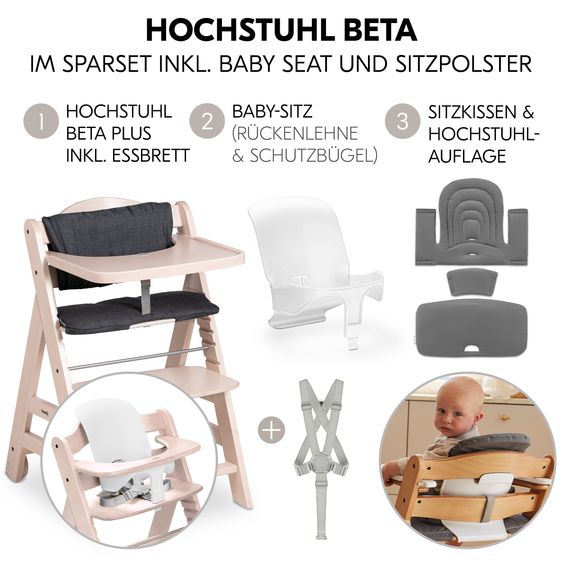 Hauck Beta Plus Whitewashed high chair - economy set incl. baby seat and seat cushion - Dark Grey