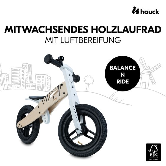 Hauck Balance N Ride wooden balance bike with pneumatic wheels & adjustable seat (from 18 months) - Zebra