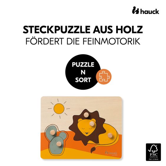 Hauck Wooden jigsaw puzzle for baby (from 1 year) - Lion - Puzzle N Sort