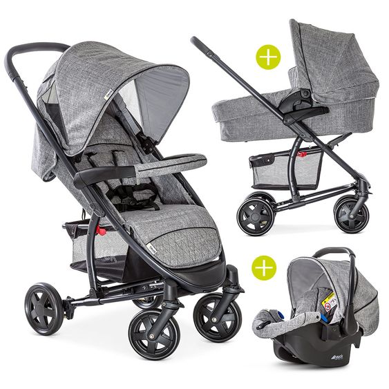 Hauck Kinderwagen-Set Malibu 4 Trioset inkl. Babywanne, Autositz und Sportwagen - Melange Grey