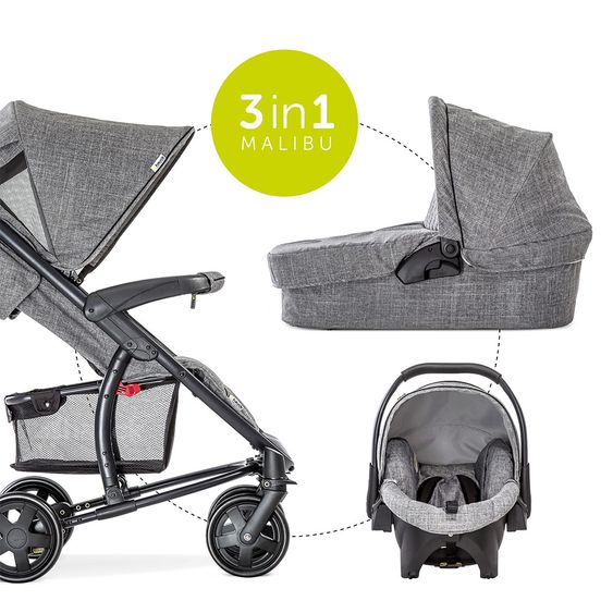 Hauck Kinderwagen-Set Malibu 4 Trioset inkl. Babywanne, Autositz und Sportwagen - Melange Grey
