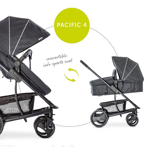 Hauck Kinderwagen-Set Pacific 4 Trioset inkl. Babywanne, Autositz und Sportwagen - Melange Charcoal
