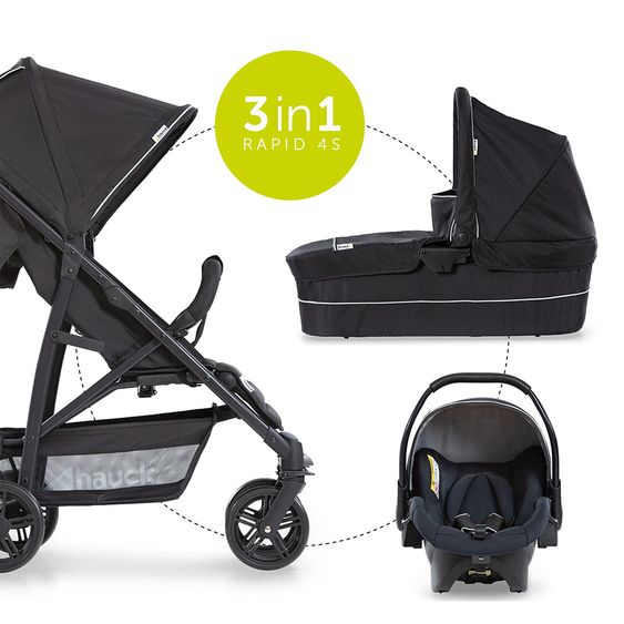 Hauck Kinderwagen-Set Rapid 4 Plus Trio Set mit Babywanne, Autositz und Sportwagen (bis 25 kg) - Caviar Black