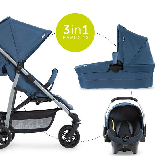Hauck Kinderwagen-Set Rapid 4 Plus Trio Set mit Babywanne, Autositz und Sportwagen (bis 25 kg) - Denim Grey