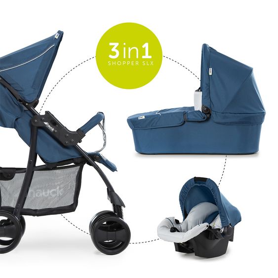 Hauck Kinderwagen-Set Shopper SLX Trio Set mit Babywanne, Autositz und Sportwagen (bis 25 kg) - Denim Grey