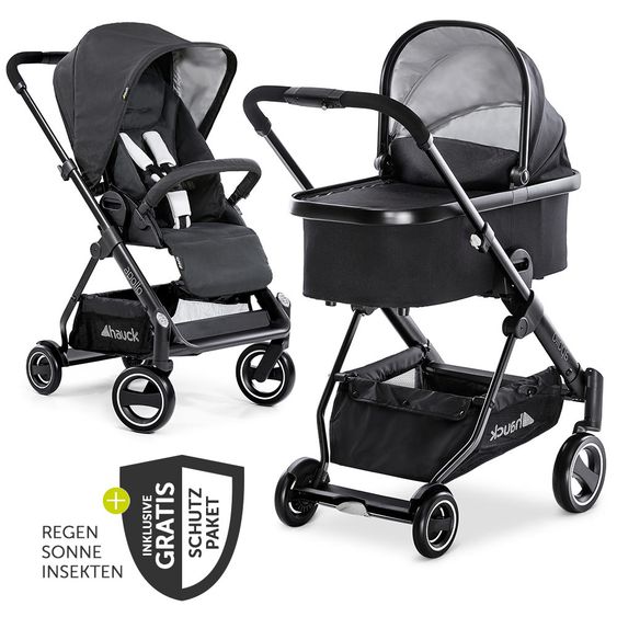 Hauck Kombi-Kinderwagen Apollo inkl. Babywanne, Sportsitz und XXL Zubehörpaket - Caviar