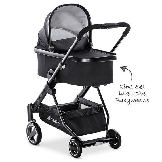 Hauck Kombi-Kinderwagen Apollo inkl. Babywanne, Sportsitz und XXL Zubehörpaket - Caviar