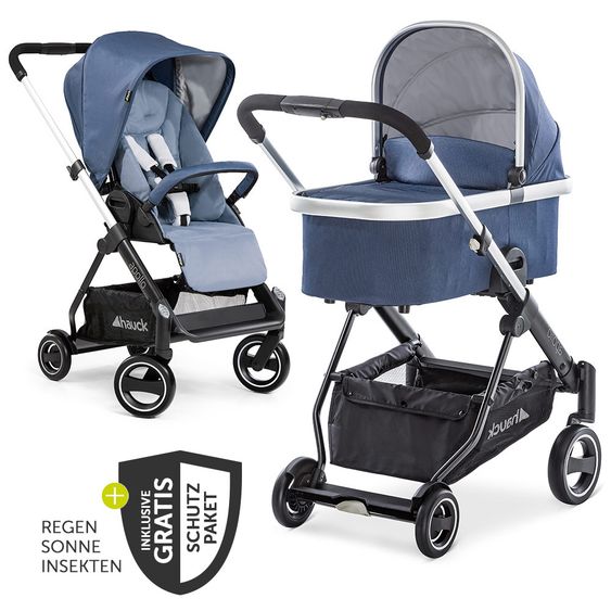 Hauck Combi stroller Apollo incl. carrycot, sport seat and XXL accessories package - Denim