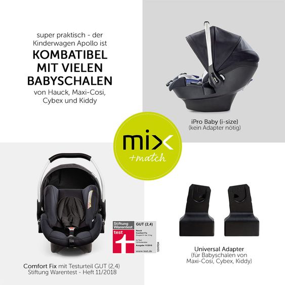 Hauck Kombi-Kinderwagen Apollo - inkl. Sportwagen und Babywanne für Neugeborene - Caviar